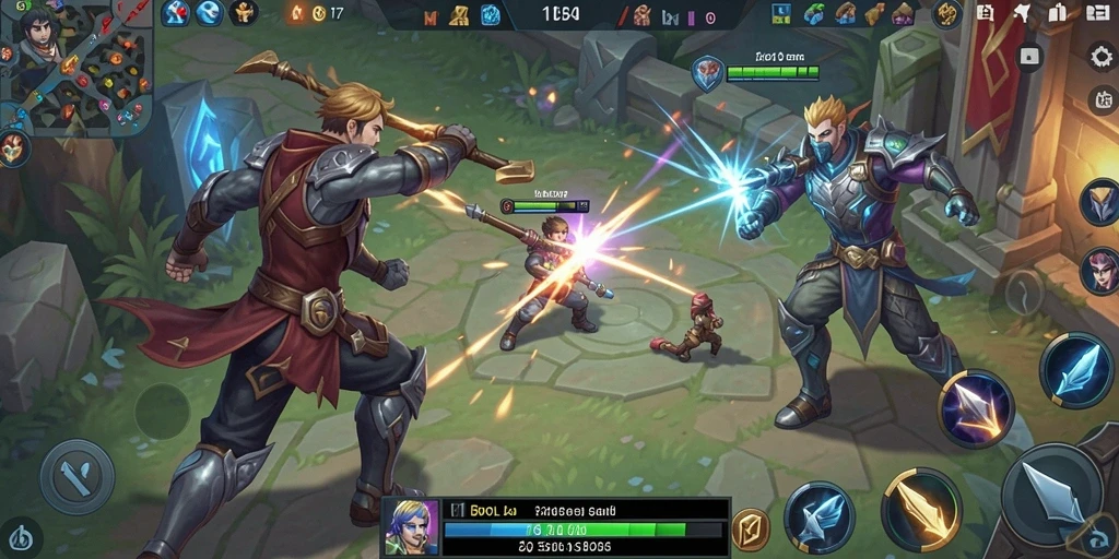 Screenshot gameplay 11BOLA menampilkan aksi seru di arena MOBA.