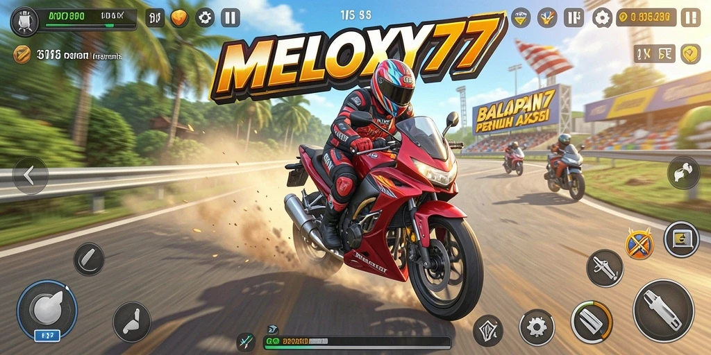 Screenshot MELODY77 menampilkan aksi balapan motor yang mendebarkan.