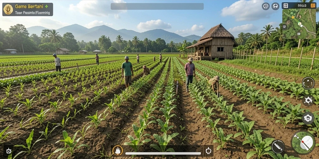 Screenshot utama gameplay RP55 menampilkan ladang subur dan aktivitas bertani.