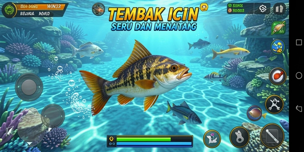 Tampilkan screenshot seru gameplay WIN33 saat menembak ikan.